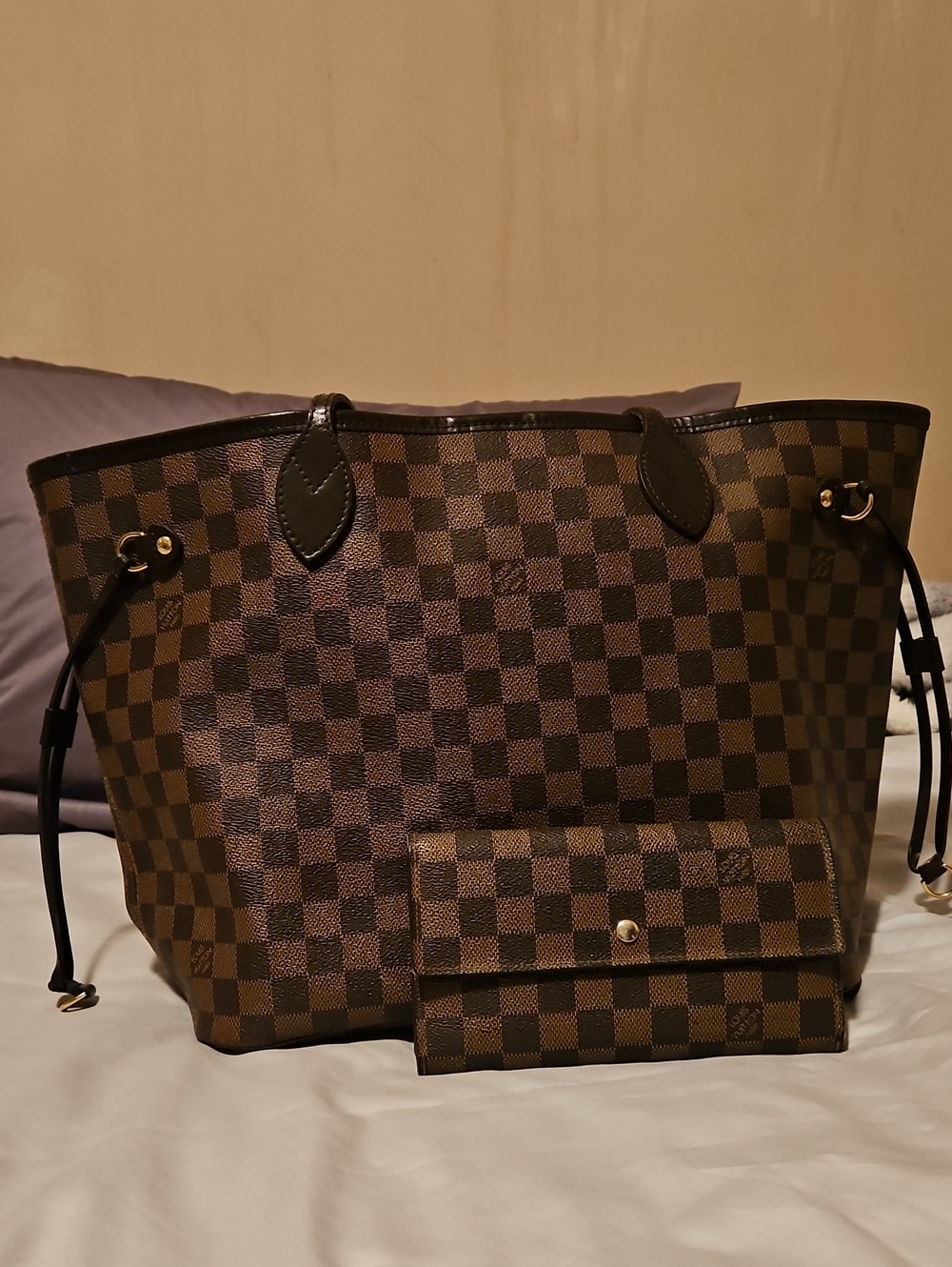 Authentic Louis Vuitton Neverfull MM Damier Ebene Sarah Long Wallet Included EUC - Picture 16 of 16